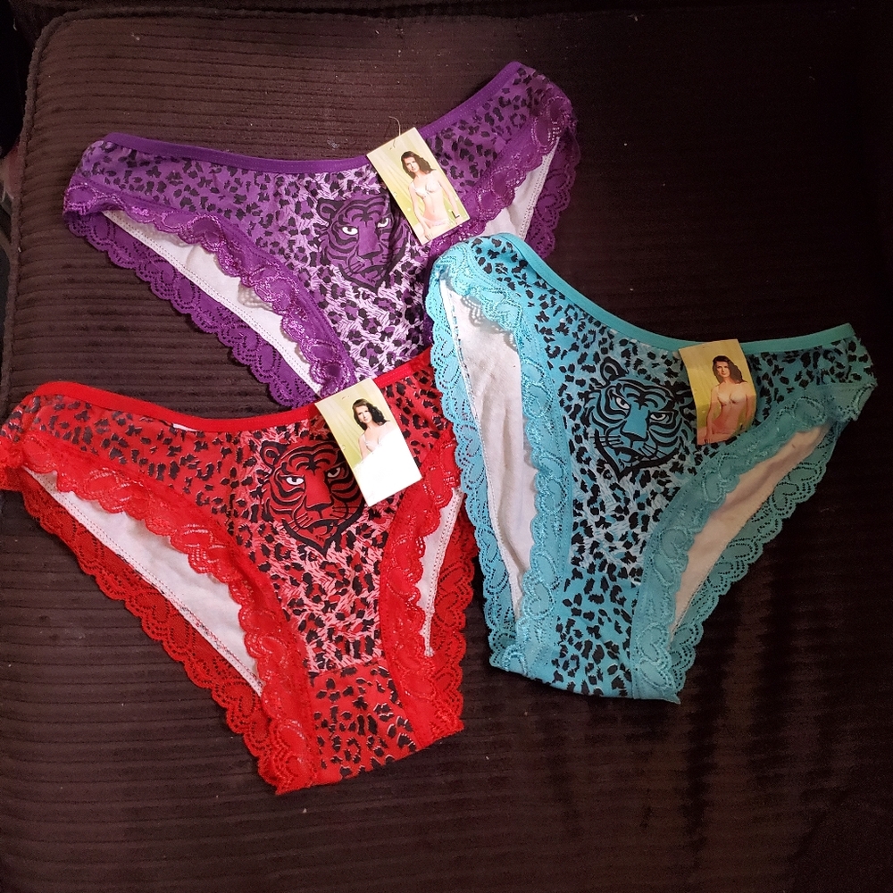 3 pairs of Leopard Print face Multicolor Lace Trim panties underwear new L